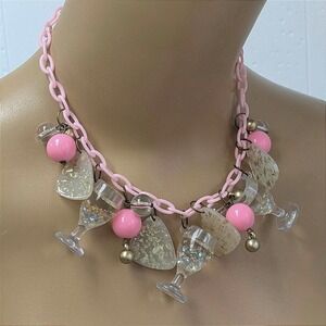 Vintage Bubblegum Pink Plastic Champagne Glass Charm necklace Earring Set Kitsch
